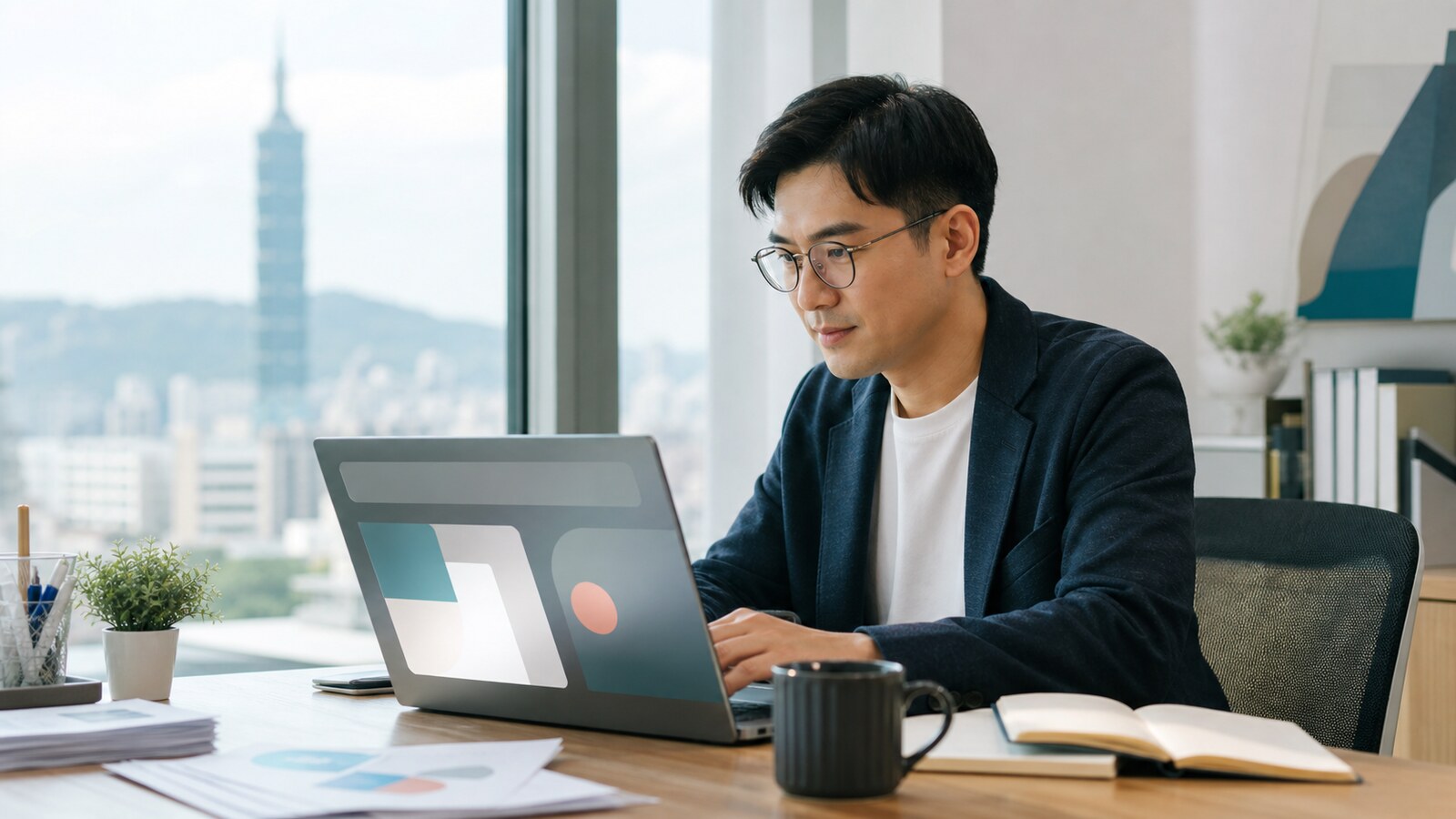 A professional working with an AI assistant on a laptop in a bright office
